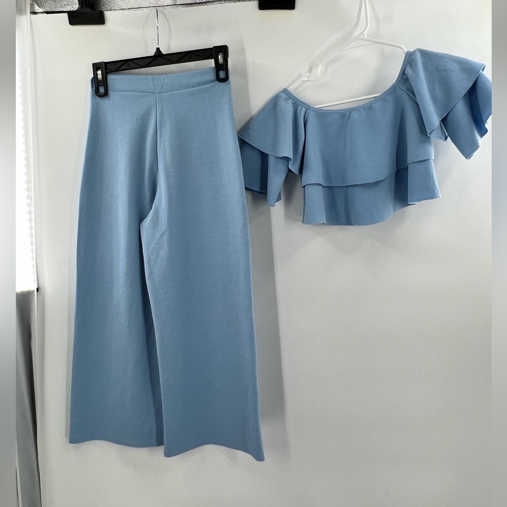 Boohoo blue boho ruffle cropped top blouse and wide leg pants trousers size 2